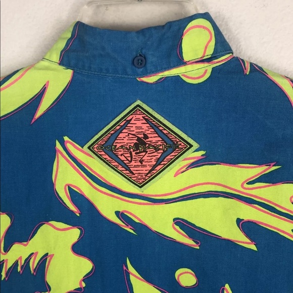 Ocean Pacific OP Vintage Hawaiian Shirt Surf Blue Neon Green Pink - Medium/Large - Picture 9 of 12